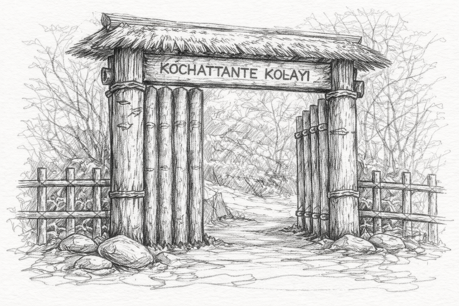 A beautiful pencil sketch of the KoKo farm entrance gate — rustic wooden posts with a thatched roof and the name 'KOCHATTANTE KOLAYI' carved on a wooden board.